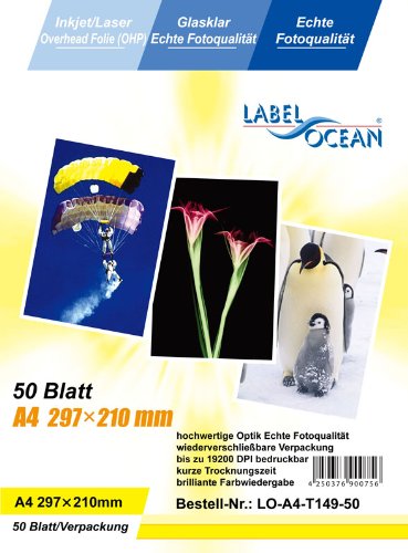 Produkt-Bild: 50 Blatt A4 Overheadfolie (OHP Transparentfolie Transparentpapier) f&uuml;r Inkjetdrucker Laserdrucker Tintenstrahldrucker Kopierer