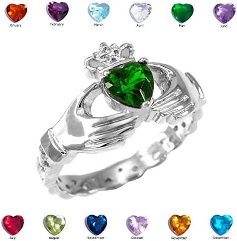 Solid 925 Sterling Silver Personalized CZ Heart Crown Birthstone Claddagh Ring, Size 8.75