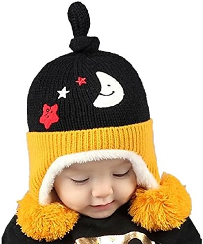 Zmike Cute Baby Toddler Kids Stars Moon Print Fur Ball Knitted Winter Warm Hat Cap (Free Size, black)