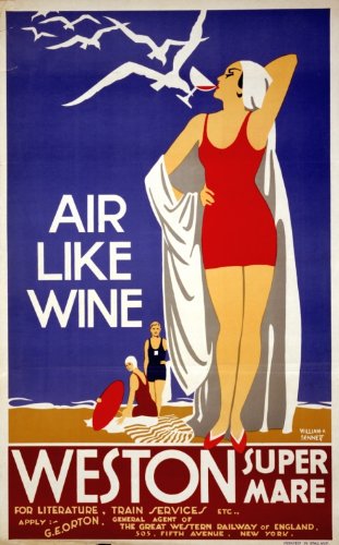 1930s Poster woman in a bathing suit drinking wine