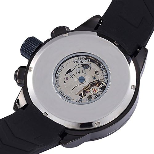 Yajing Mens Automatic Mechanical Watch Hollow Sketelon Analog Sport Wristwatch Silicone Band Yellow Dial