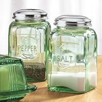 Green Glass Salt and Pepper Shakers Depression Style