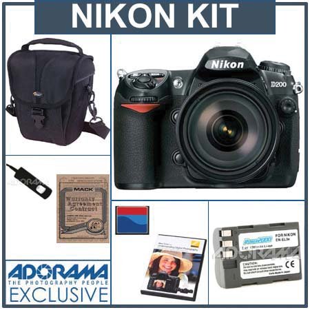 Nikon D200 Digital SLR Camera Kit U.S.A. with 18-135mm f/3.5-5.6G ED-IF AF-S Dx Ninkkor Lens, , 2 GB CF Memory Card, Spare EN-EL3e LiIon Battery, Lowepro Holster-Style Case, Mack 3 Year Extended Warranty, Digital Remote Release, Nikon DVD on Photography