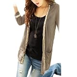 Allegra K Women Buttonless Chain Accent Front Knit Autumn Coat Khaki XS