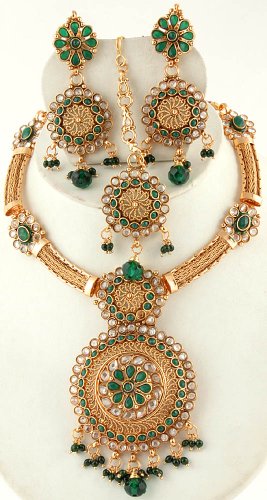 Polki Chakra Necklace Set with Faux Emerald - Copper Alloy with Cut Glass