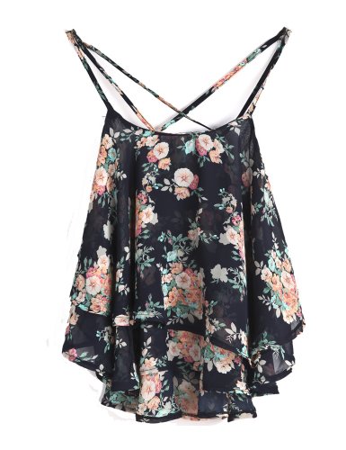PrettyGuide Women Flowy Lace Overlay Adjustable Strap Crop Top Tank Bustier (Floral Black)
