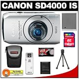 Canon PowerShot SD4000 IS Digital Elph Camera (Silver) + 4GB Card + Battery + Case + Accessory Kit