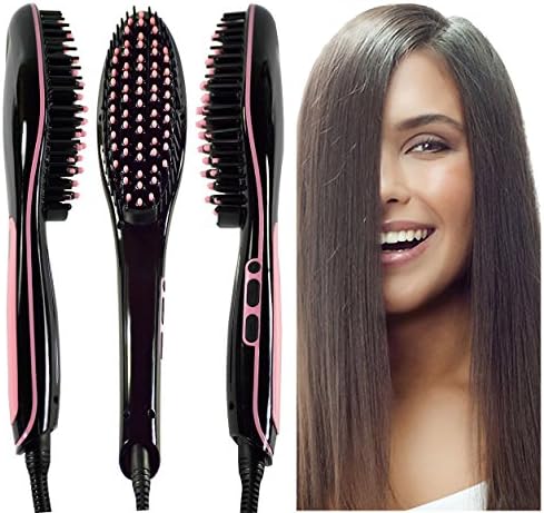Wave Of Beauty LCD Hair Straightening Brush, LED Straightener Evenly Heated Professional Ceramic Iron Style Hairbrush, Detangles, Straightens and Massages in Just 30-60 Seconds (Black/Pink+Pink TIps)