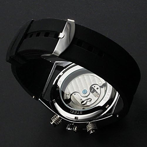 Yajing Mens Watch Luxury Automatic Mechanical Tourbillon Silicone Band Analog Calendar Wristwatch Black