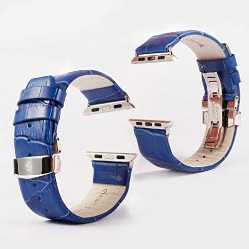 Apple Watch Band,HAPPIGO 100% Premium Soft Genuine Leather Pattern Replacement Strap for 42mm Apple Watch All Models[Wearing and removing metal Shuangkou wristbands more convenient](42mm Blue)