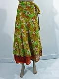 Womens Multi Wear Skirt Reversible Dress Silk Sari Yellow Green Wrap Around Skirts
