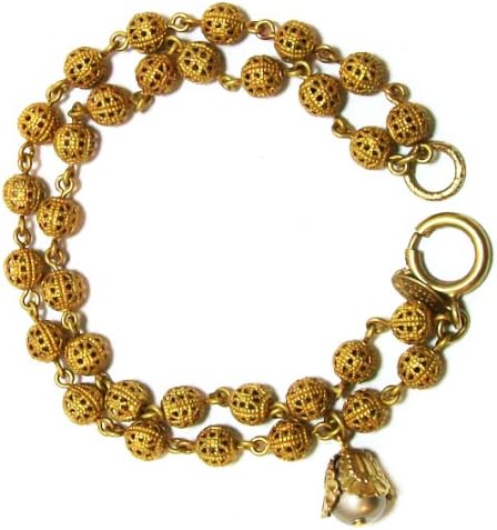 Catherine Popesco 14k Gold Plated Double Strand Filigree Ball Bracelet with Platinum Pearl Bell Charm