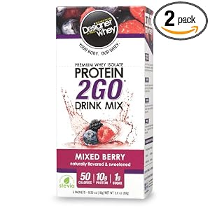 Designer Whey Protein 2Go Drink Mix, Mixed Berry, 5 - 0.56 oz  Packets,  (Pack of 2)