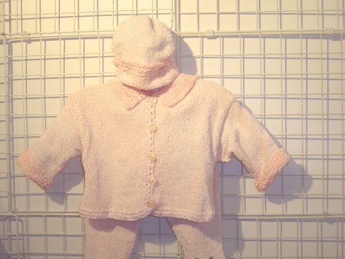 Cpk75bpp, Knitted on Hand Knitting Machine Then Finished By Hand Crochet Infant Girls Outfit, Containing Baby Pink Chenille Cardigan Sweater, Pant, Hat Set.