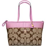 AUTHENTIC COACH SIGNATURE STRIPE MEDIUM TOTE 11691 (Khaki/Pink)