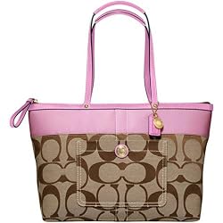 Coach Signature Stripe Zip Top Bag Tote 11691 Pink