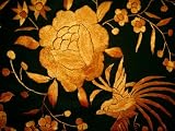 Silk Embroidery Piano Shawl: Black with Golden Yellow Floral & Birds 63