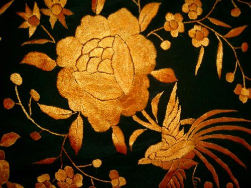 Silk Embroidery Piano Shawl: Black with Golden Yellow Floral & Birds 63