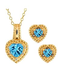 4.32 Ct Heart Shape Swiss Blue Topaz 14k Yellow Gold Pendant Earrings Set