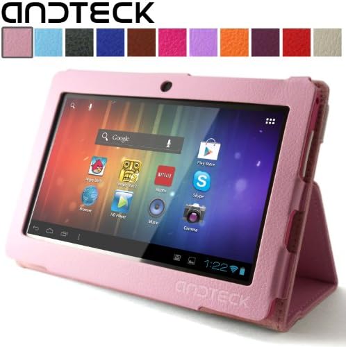 Andteck Flip Leather Case for Zeepad 7.0, Dragon Touch A13 Q88, Y88, Chromo, FastTouch, Tagital, Noria Jr, Tab Nero 7" Tablet PCs w/Dual Camera [Protector/Stand] (Baby Pink)