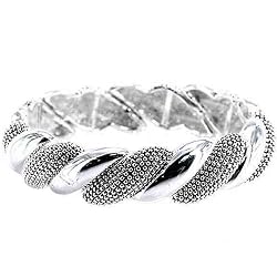 Silver Tone Texture Woven Thick Bangle Stretch Bracelet