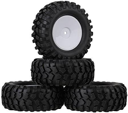 Mxfans 12mm Hex White Plastic Flat Disc Smooth Wheel Rims &amp; Black Rubber Tyres Tires for RC 1:10 Racing Climbing Rock Crawler Pack of 4