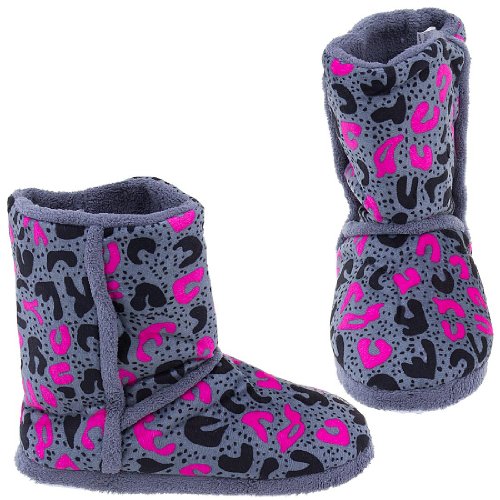 Chatties Pink and Gray Animal Print Bootie Style Slippers for Women