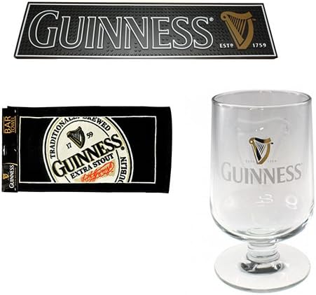 Guinness Barware Pack - PVC Bar Mat, English Label Bar Towel &amp; Guinness Embossed Stem Glass