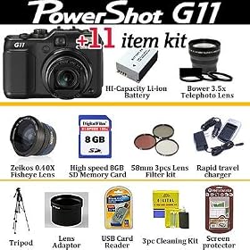 Canon Powershot G11 10.0 Megapixels Digital Camera With Holiday Edition Accessory Kit Includes 8GB Memory, 0.40X Fisheye Lens, 3.5X Telephoto Lens, Filters, Extra battery, Rapid AC/DC Charger + Much More