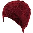 Cable Knit Beanie Skull Ski Winter Ribbon Bow Hat Wine