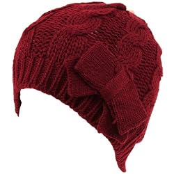 Cable Knit Beanie Skull Ski Winter Ribbon Bow Hat Wine