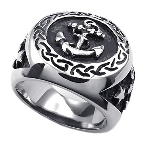 KONOV Mens Stainless Steel Ring, Vintage Anchor Signet, Silver