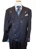 Review   / Tayion Collection Black/Navy Blue Pinstripes With Light Blue Hand-Pick Stitching Super 150's Wool Vested Wideleg Suit