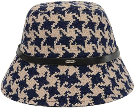 UASU Ladies Winter Check Houndstooth Tweed Bucket Hat with Belt Medium Navy Khaki