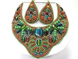Awesome EsMor Large Seed and Glass Beaded Art Deco Bib Necklace and Earrings Set