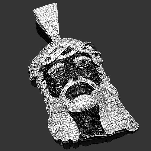 14K White Gold Mens Diamond Jesus Head Pendant 