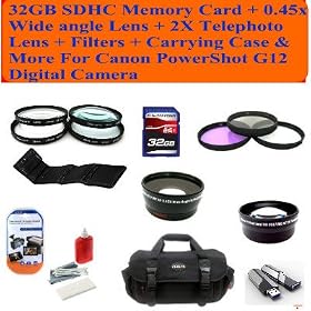 Deluxe Package Includes- 32gb Sdhc Memory Card + 0.45x Wide Angle Lens + 2x Telephoto Lens + Filters + Carrying Case & More for Canon Powershot G12 Digital Camera