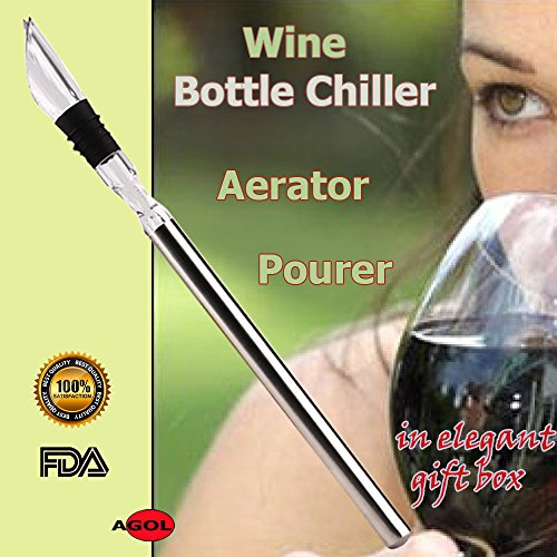 ABAM - Wine Bottle Chiller Stainless Steel Stick 3 in 1 with Aerator to Enhance Flavor and Designed Pourer in Gift Box - Keep Wine Chill longer - To chill wine from inside
