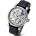 Rougois Mechanique Silver Tone Skeleton Watch Leather Black Band