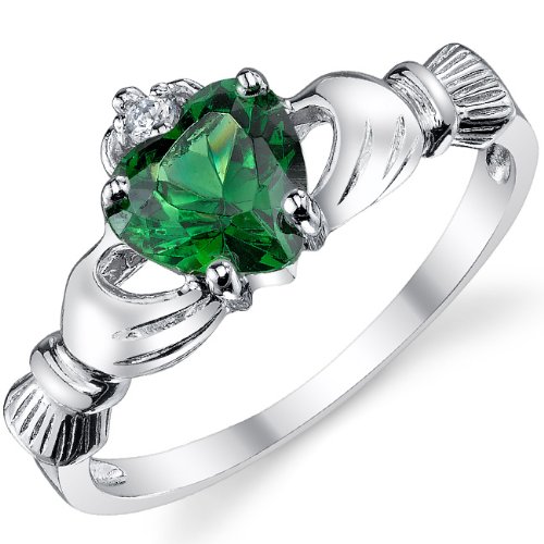Stelring Silver 925 Irish Claddagh Friendship & Love Ring with Emerald Green Color Heart CZ
