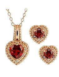 3.87 Ct Heart Shape Red Garnet Gold Plated Silver Pendant Earrings Set