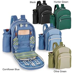 Capri Insulated Picnic Backpack w/ Wine Duffel & Deluxe Service For 2 (Black/Silver)