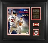 Justin Morneau - 2006 MVP - Framed Photograph with Team Medallion and Game Used Baseball Piece