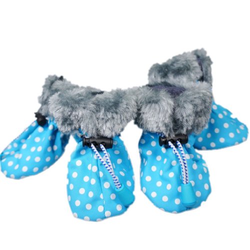 Fashion Faux Fur Non-Skid Dog Boots Dog Shoes Warm Dog Rain Boots Waterproof Dog Rain Shoes Pet Boots Free Shipping,Sea Blue,#3