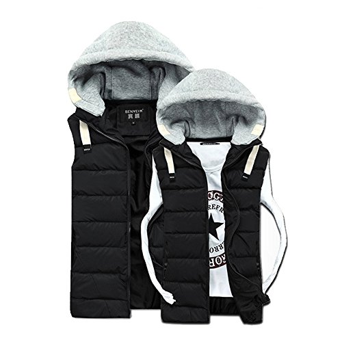 Cotton-padded Sleeveless Jacket Slim Fit Quilted Vest with Hood Black US Size 2XL (Tag Size 3XL)