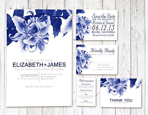 Navy Blue Flower Wedding Invitations Suite (Invite, RSVP, Save the Date, Info &amp; Thank You Cards)