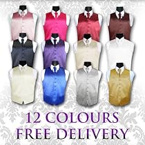 New Plain Satin Men's Waistcoat, Cravat & Hanky - All Sizes