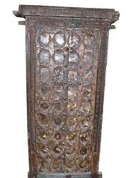 Antique Hand Carved Rustic Iron Claded Teak Wood Indian Jharokha Door Window