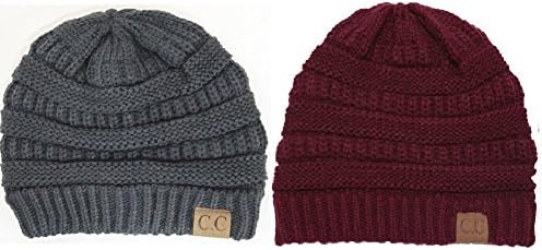 Black Thick Slouchy Knit Oversized Beanie Cap Hat (onesize, 2 Pack: DarkGray/Burgundy)