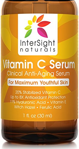 InterSight Vitamin C Serum 20% - TOP RATED for Face & Skin - BEST Organic & Vegan Anti Aging Beauty Product, 11% Hyaluronic Acid, Vit E, Aloe, Ferulic Acid, Moisturizer for Glowing Skin Benefits 1 Oz